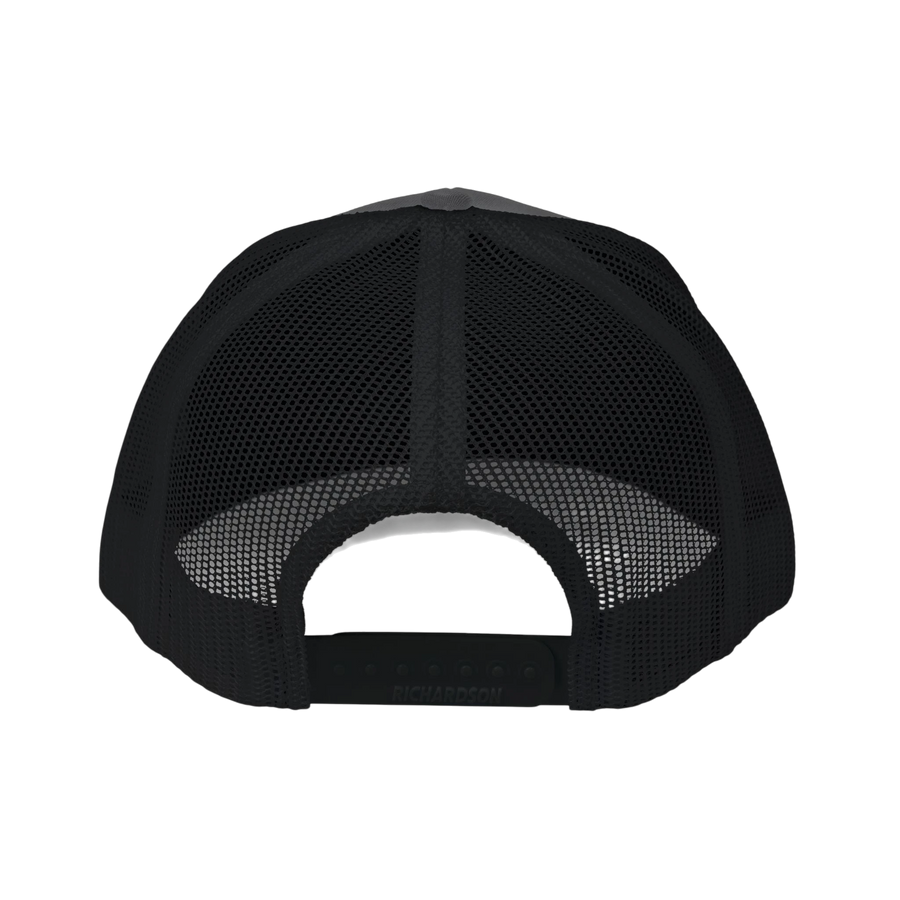 DailyThreadCo. trucker cap back view featuring black breathable mesh panels and an adjustable plastic snap closure.
