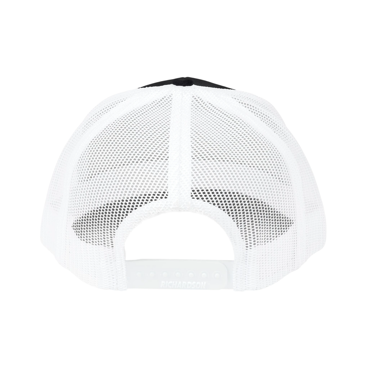 DailyThreadCo. trucker cap back view featuring white breathable mesh panels and an adjustable plastic snap closure.