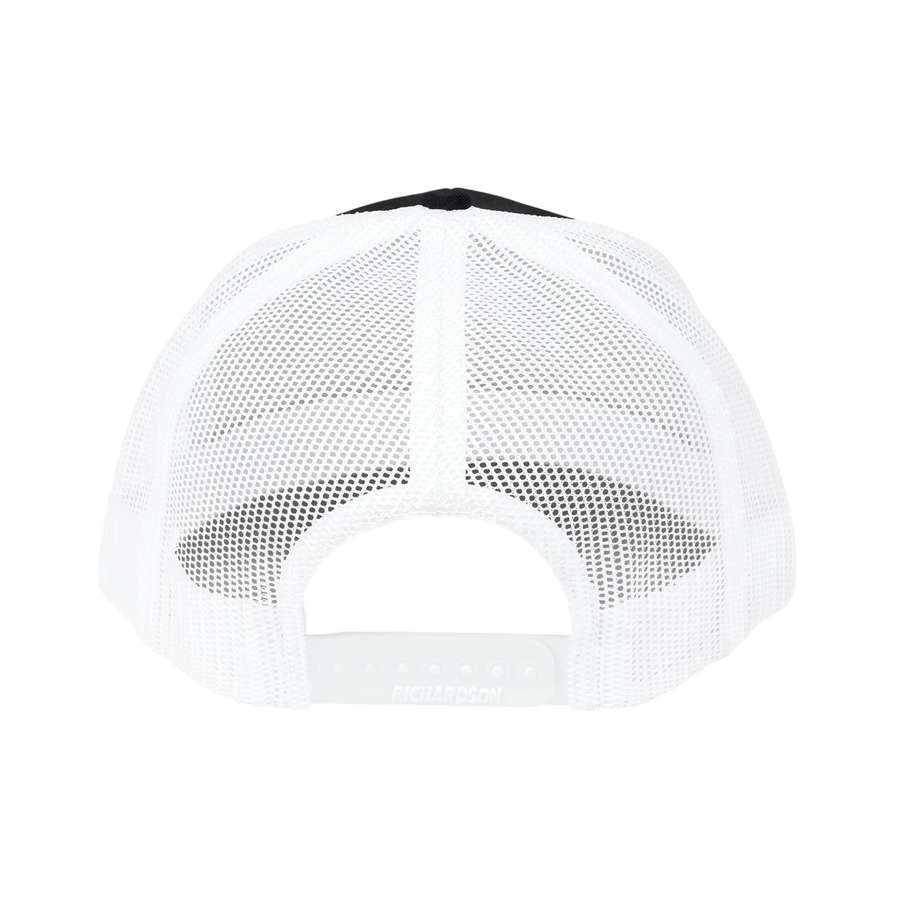 DailyThreadCo. trucker cap back view featuring white breathable mesh panels and an adjustable plastic snap closure.