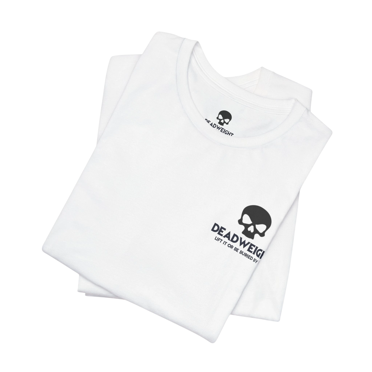 DailyThreadCo. white cotton gym t-shirt with a black skull chest emblem and crew neckline, folded flat.