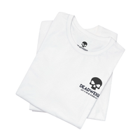 DailyThreadCo. white cotton gym t-shirt with a black skull chest emblem and crew neckline, folded flat.
