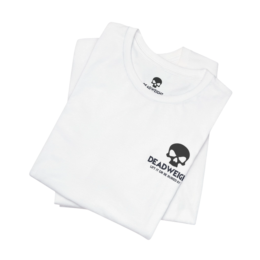 DailyThreadCo. white cotton gym t-shirt with a black skull chest emblem and crew neckline, folded flat.