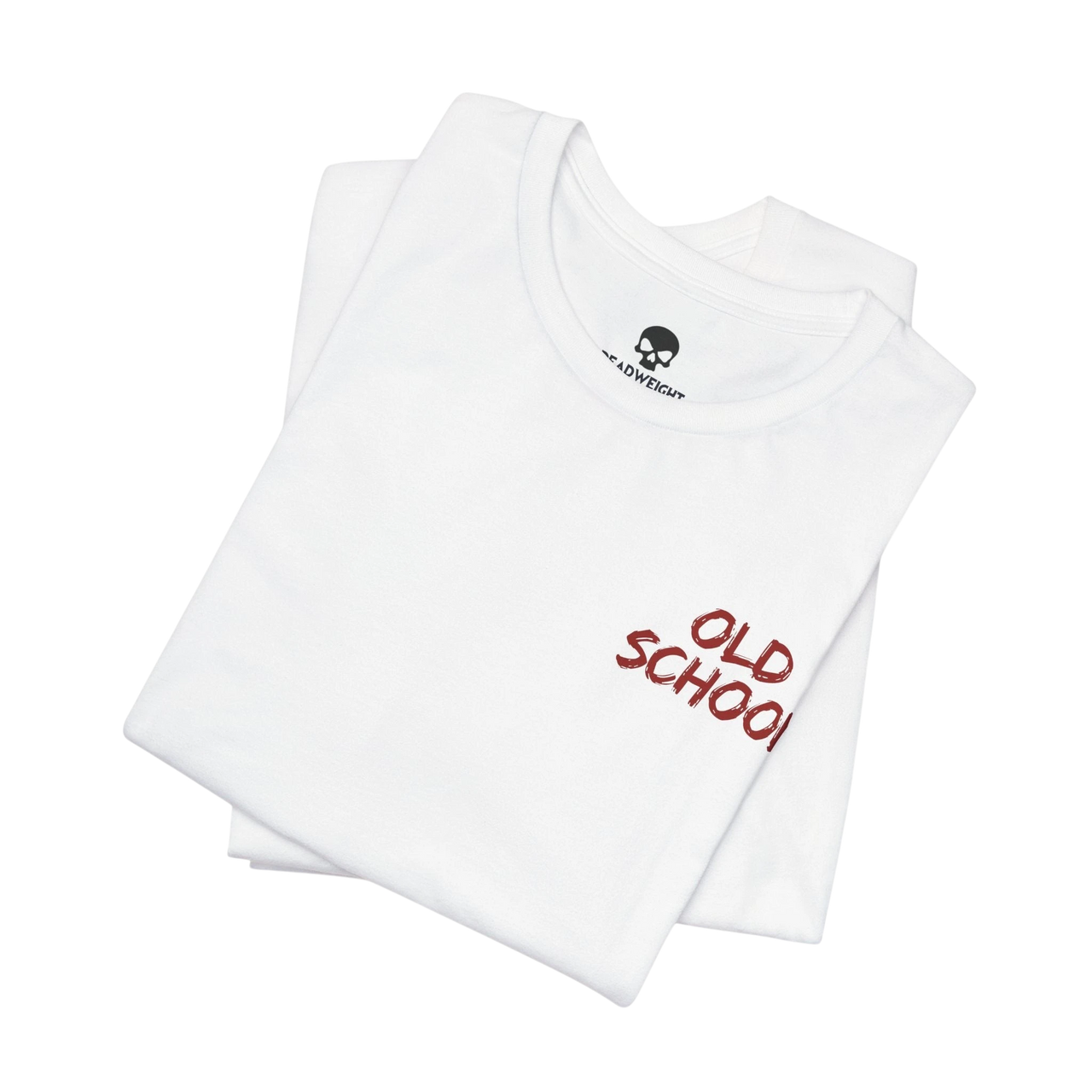 DailyThreadCo. white cotton crew neck t-shirt featuring a small red handwritten OLD SCHOOL graphic on the chest.