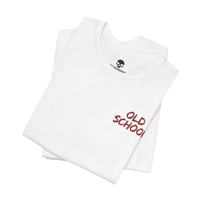 DailyThreadCo. white cotton crew neck t-shirt featuring a small red handwritten OLD SCHOOL graphic on the chest.