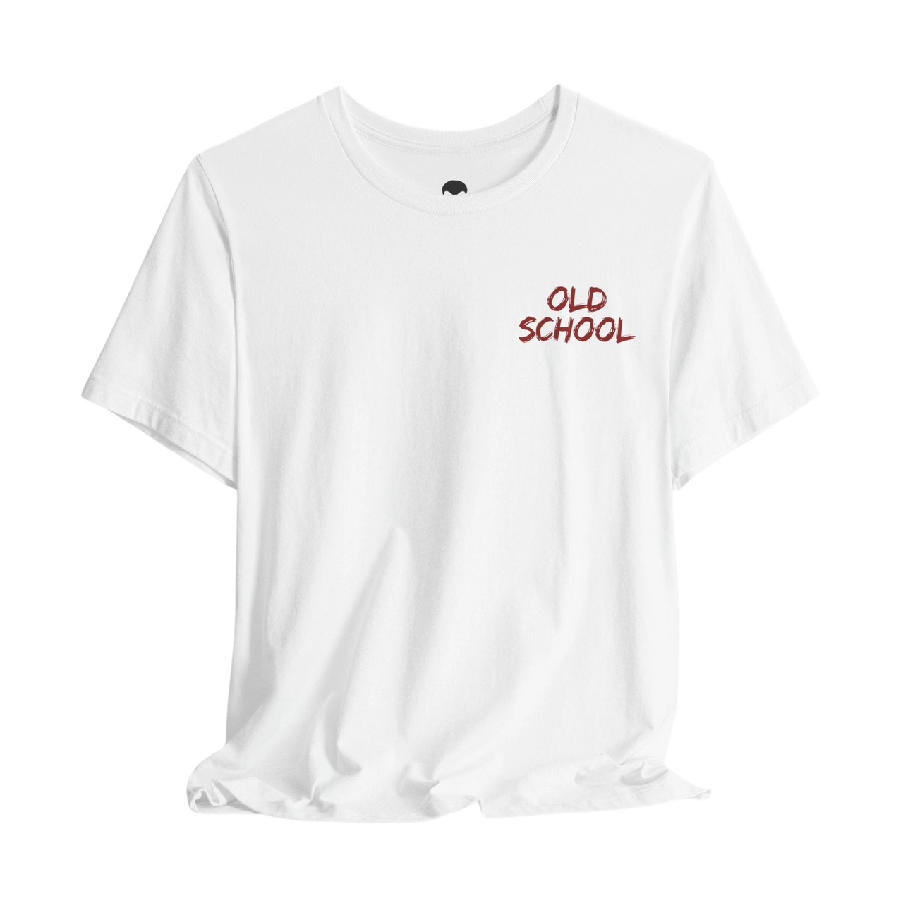 DailyThreadCo. white lightweight cotton crew neck t-shirt with small red handwritten OLD SCHOOL chest graphic