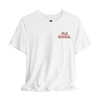 DailyThreadCo. white lightweight cotton crew neck t-shirt with small red handwritten OLD SCHOOL chest graphic