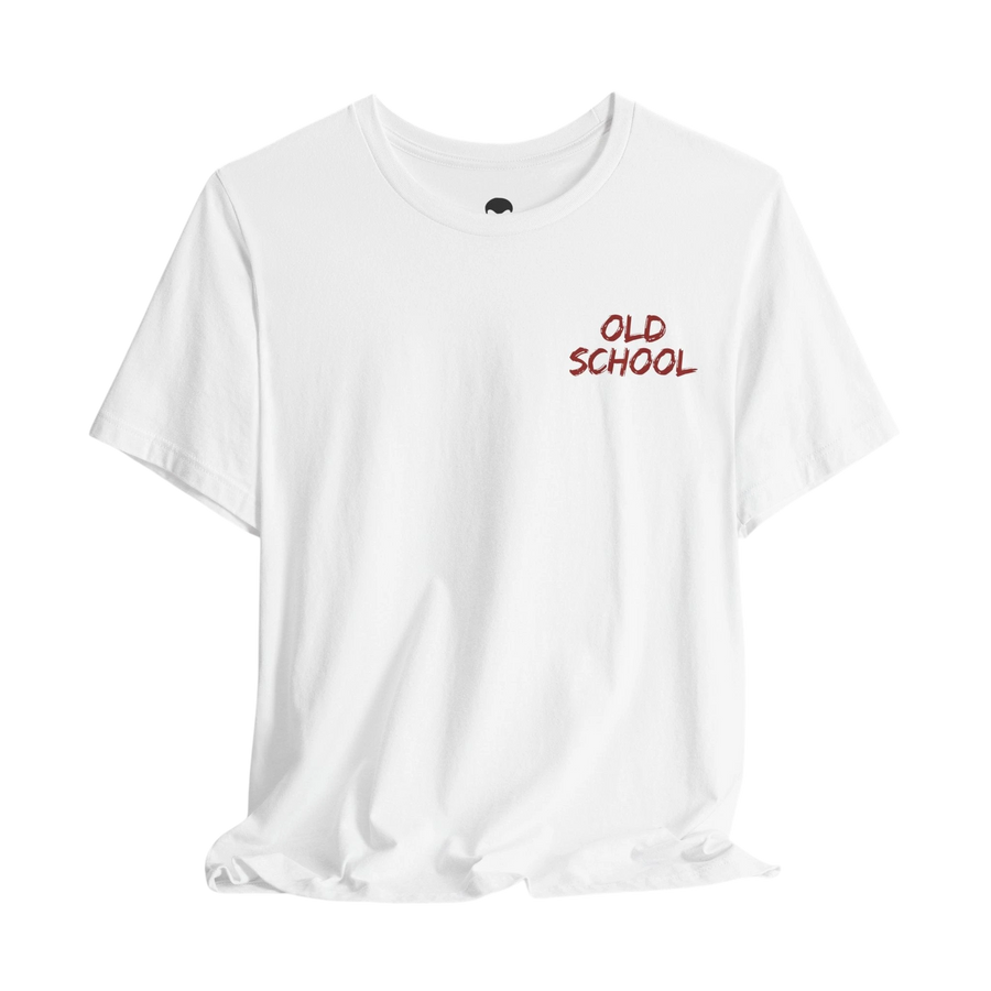 DailyThreadCo. white lightweight cotton crew neck t-shirt with small red handwritten OLD SCHOOL chest graphic