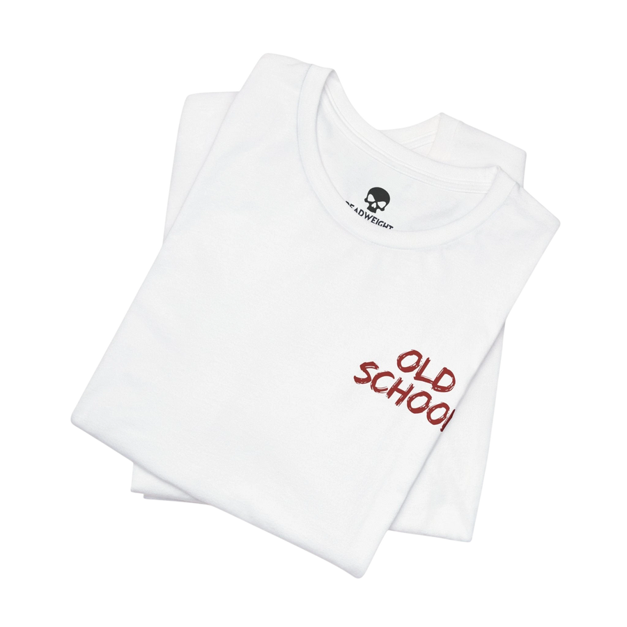 DailyThreadCo. white cotton crew neck t-shirt featuring a small red handwritten OLD SCHOOL graphic on the chest.