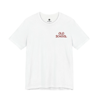 DailyThreadCo. white cotton crew neck t-shirt with small red handwritten OLD SCHOOL text on the chest.