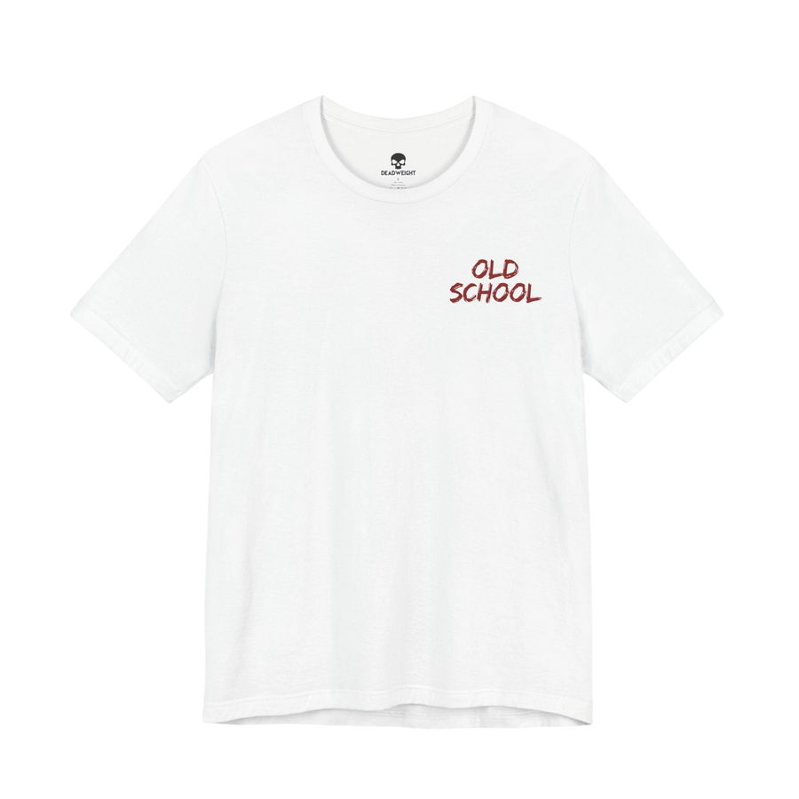 DailyThreadCo. white cotton crew neck t-shirt with small red handwritten OLD SCHOOL text on the chest.