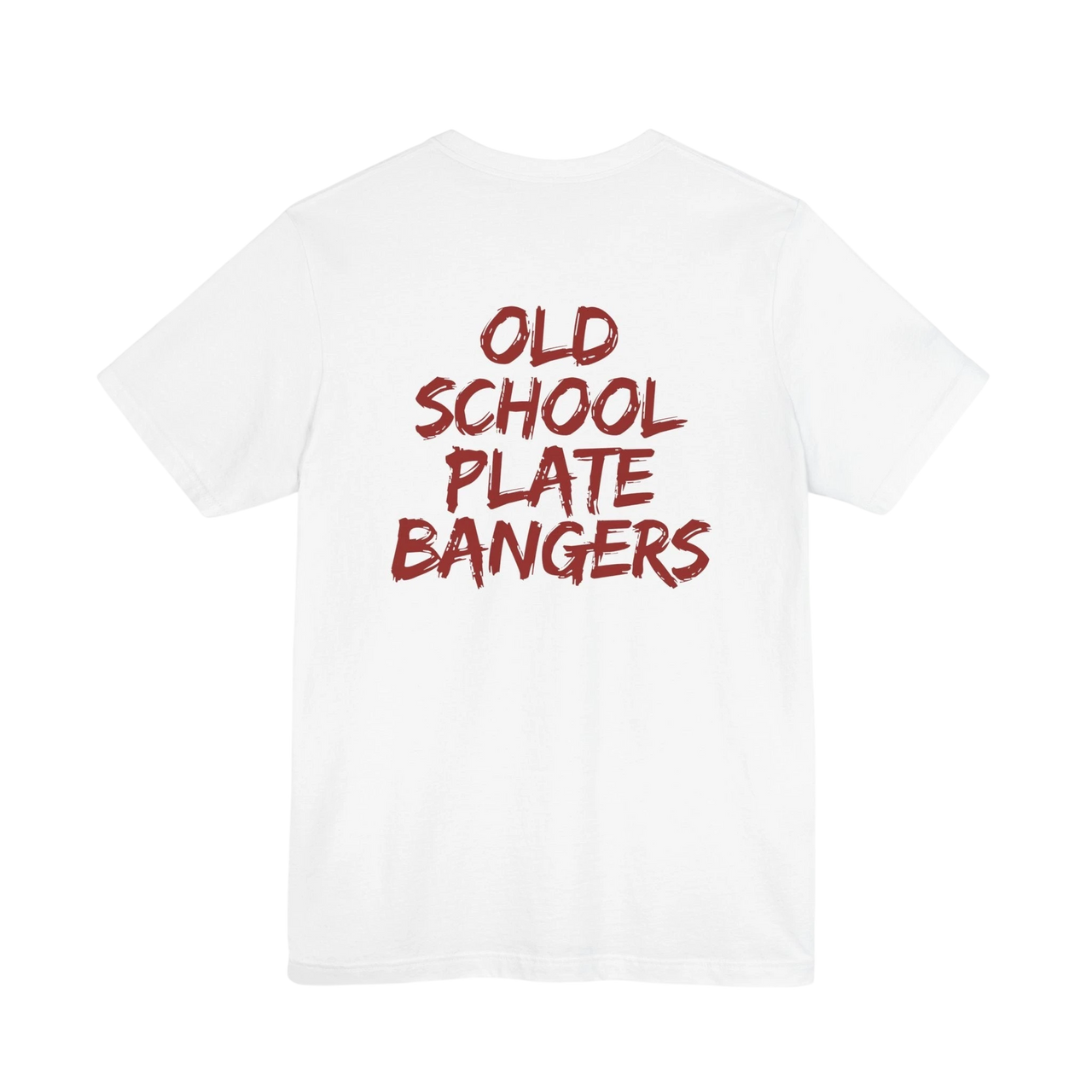 DailyThreadCo. white cotton t-shirt featuring Old School Plate Bangers graphic in red marker-style script on the back.
