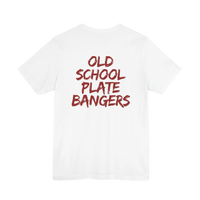 DailyThreadCo. white cotton t-shirt featuring Old School Plate Bangers graphic in red marker-style script on the back.