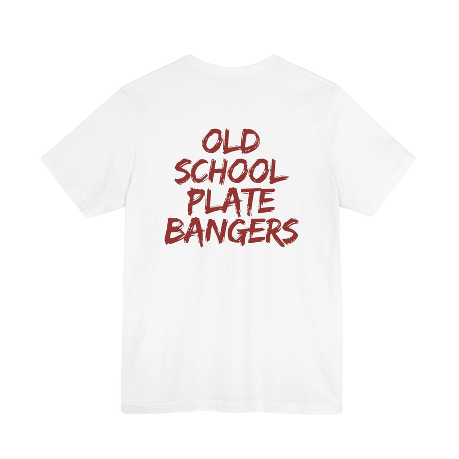 DailyThreadCo. white cotton t-shirt featuring Old School Plate Bangers graphic in red marker-style script on the back.