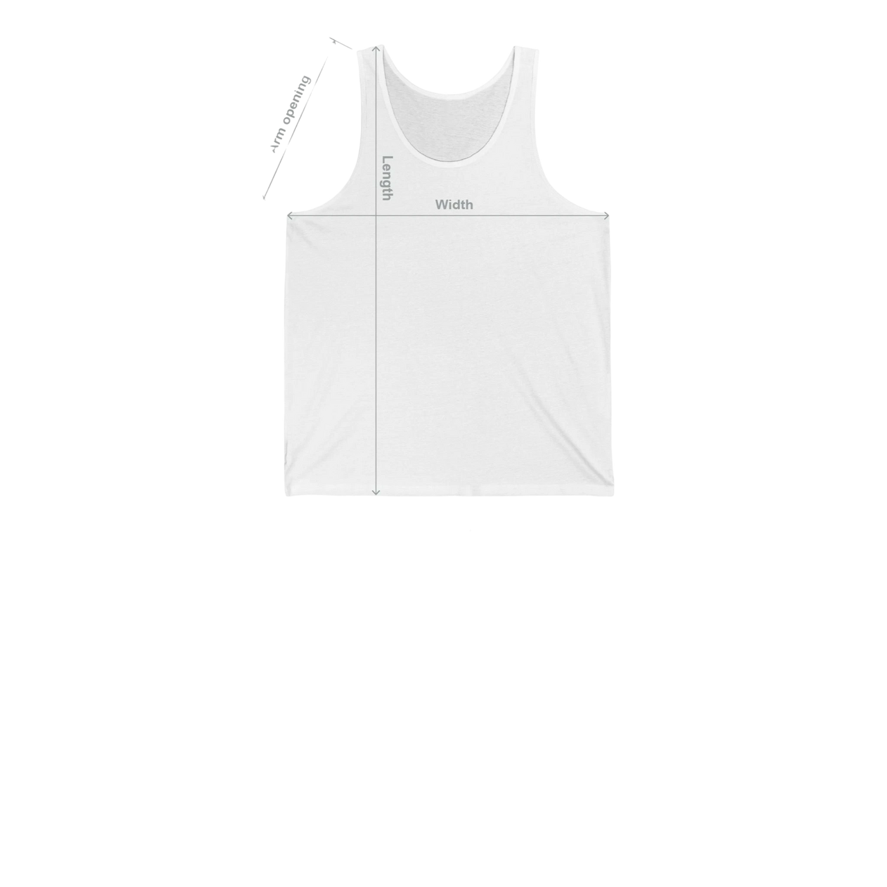 DailyThreadCo. white cotton fitness tank top showing measurement lines for width, length, and arm opening.