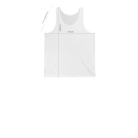 DailyThreadCo. white cotton fitness tank top showing measurement lines for width, length, and arm opening.