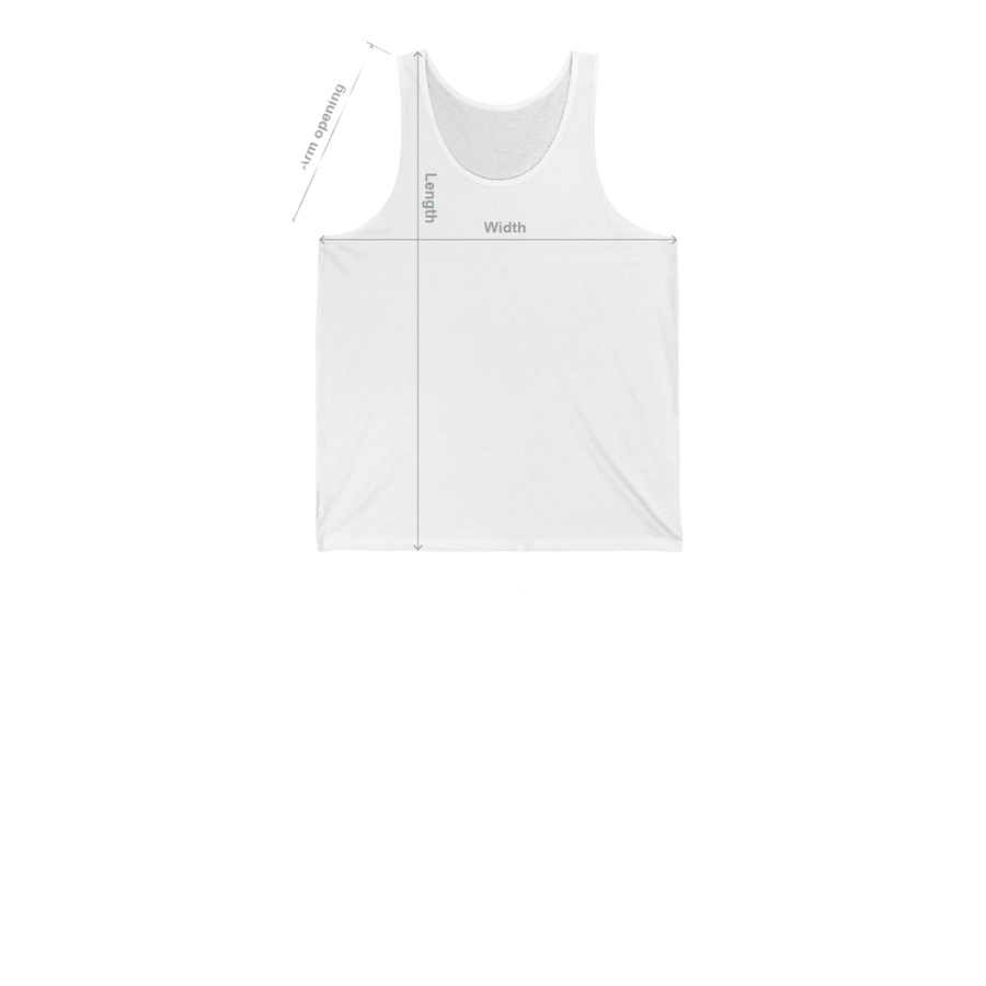 DailyThreadCo. white cotton fitness tank top showing measurement lines for width, length, and arm opening.