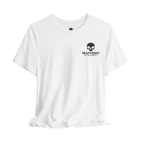 DailyThreadCo. white crew-neck cotton t-shirt featuring a small black skull graphic and Deadweight logo on the chest.