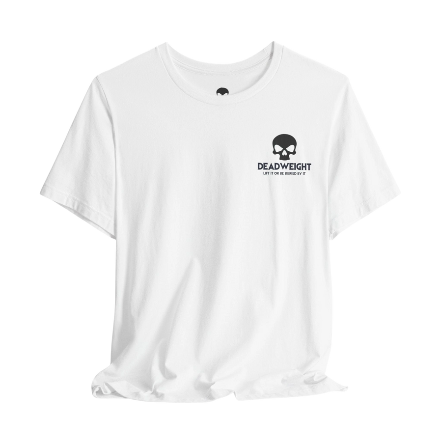 DailyThreadCo. white crew-neck cotton t-shirt featuring a small black skull graphic and Deadweight logo on the chest.