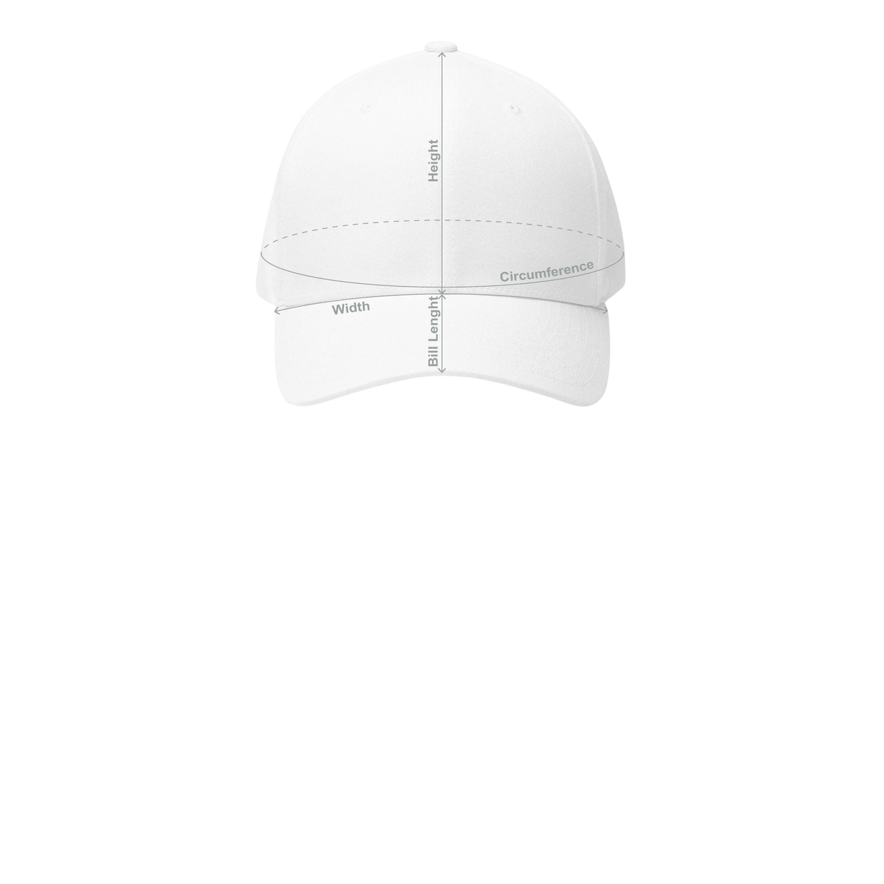 DailyThreadCo. white structured six-panel FlexFit cap with measurement guidelines for height, width, and circumference.