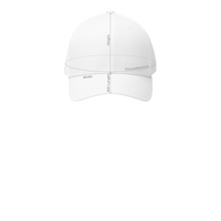 DailyThreadCo. white structured six-panel FlexFit cap with measurement guidelines for height, width, and circumference.