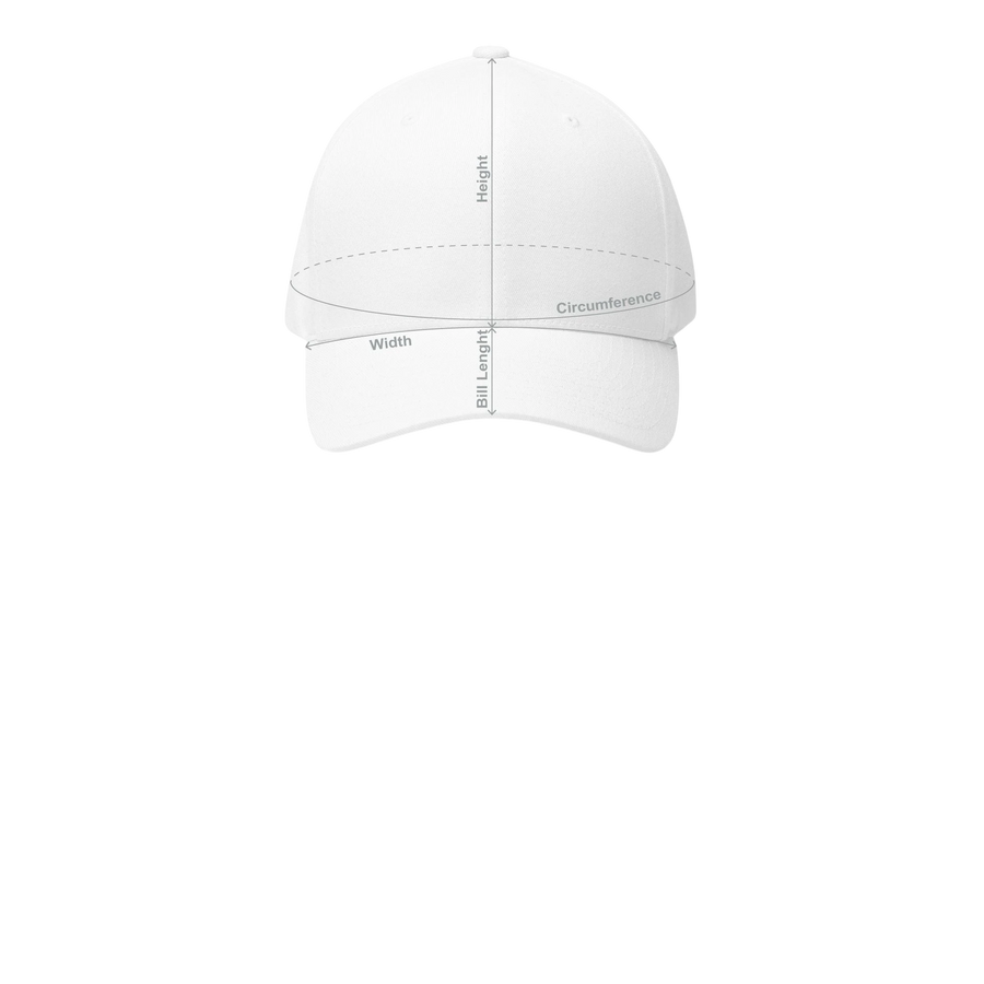 DailyThreadCo. white structured six-panel FlexFit cap with measurement guidelines for height, width, and circumference.