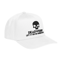 DailyThreadCo. white baseball cap with black embroidered skull and Deadweight text on a structured 5-panel crown.