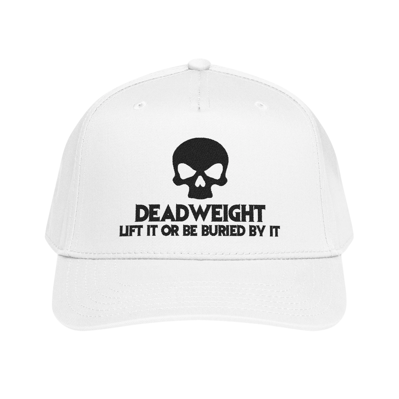 DailyThreadCo. white baseball cap with black embroidered skull and Deadweight slogan on a structured 5-panel design.