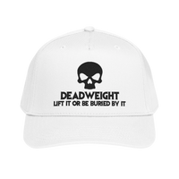 DailyThreadCo. white baseball cap with black embroidered skull and Deadweight slogan on a structured 5-panel design.