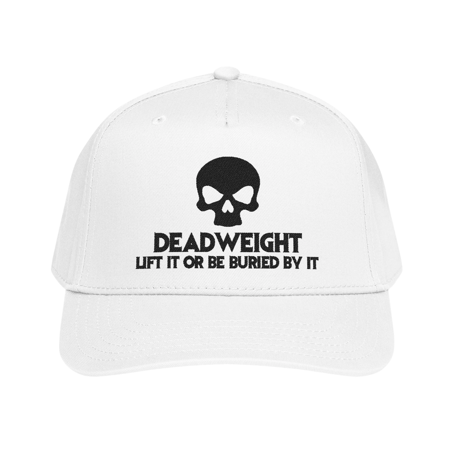 DailyThreadCo. white baseball cap with black embroidered skull and Deadweight slogan on a structured 5-panel design.