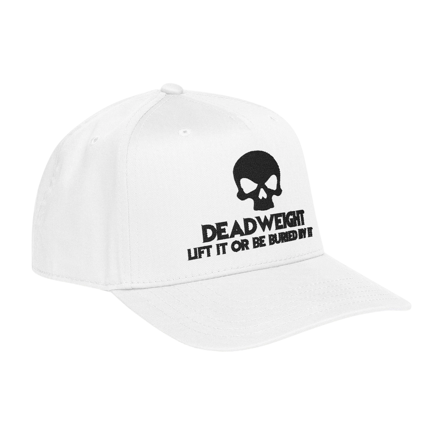 DailyThreadCo. white baseball cap with black embroidered skull and Deadweight text on a structured 5-panel crown.