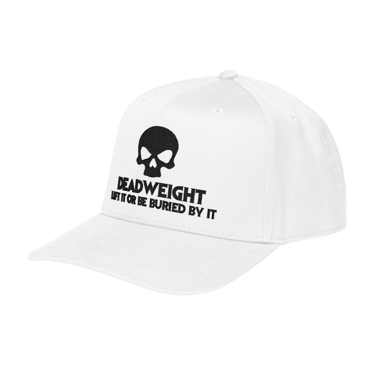 DailyThreadCo. white baseball cap with black embroidered skull and Deadweight text on a structured 5-panel design.