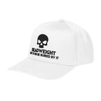 DailyThreadCo. white baseball cap with black embroidered skull and Deadweight text on a structured 5-panel design.