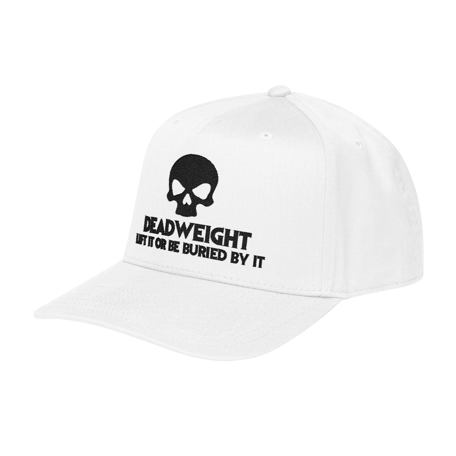 DailyThreadCo. white baseball cap with black embroidered skull and Deadweight text on a structured 5-panel design.