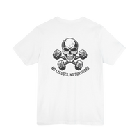 DailyThreadCo. white crew-neck cotton t-shirt featuring a gritty skull and dumbbell back graphic.