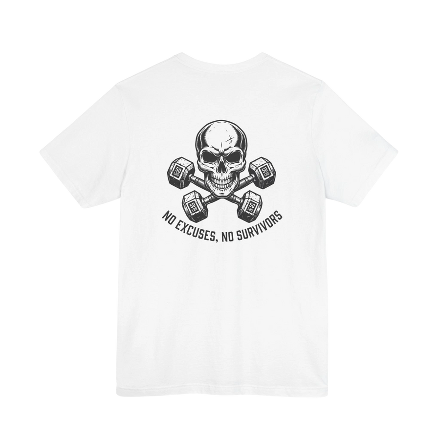 DailyThreadCo. white crew-neck cotton t-shirt featuring a gritty skull and dumbbell back graphic.