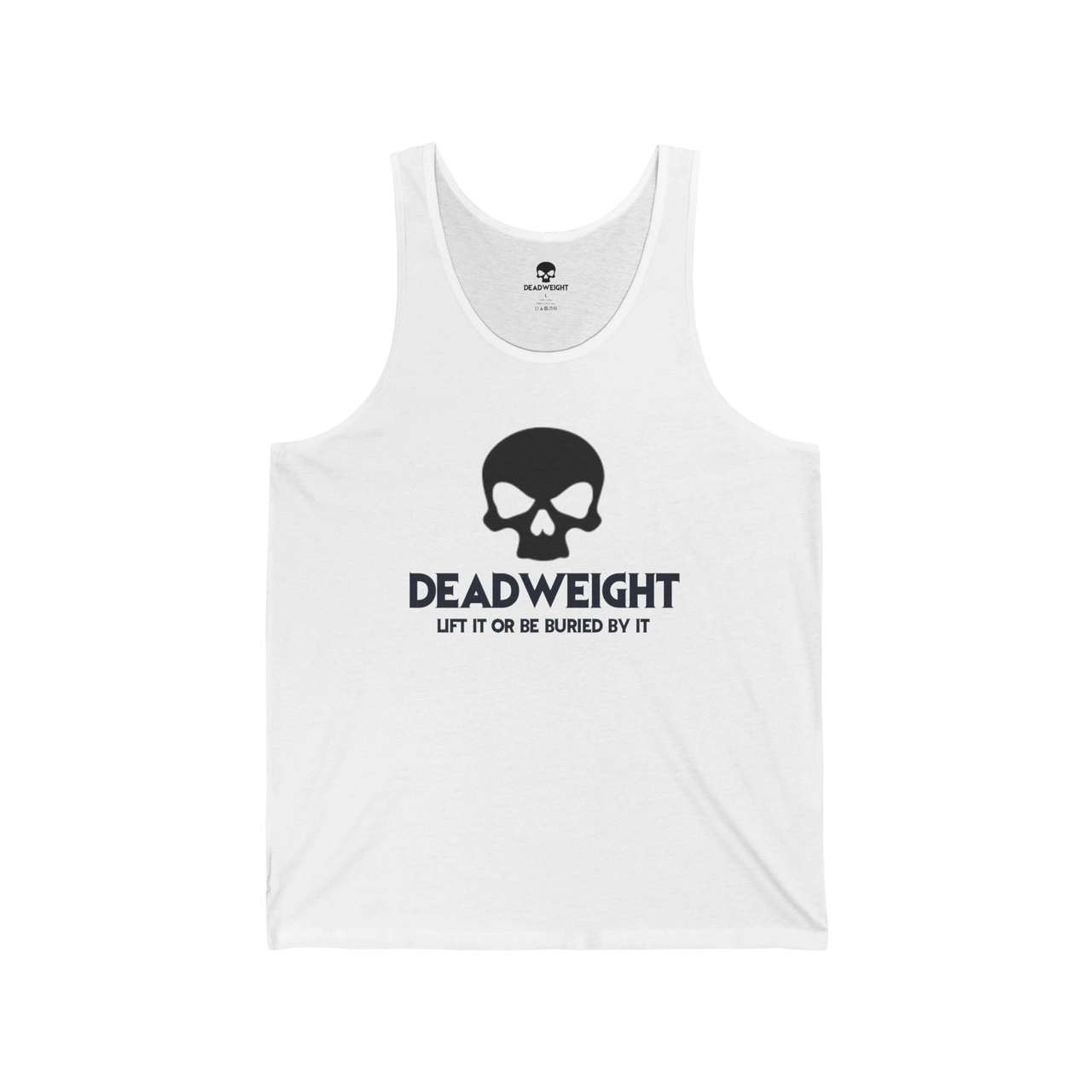 DailyThreadCo. white cotton fitness tank top featuring a black skull graphic and Deadweight text on the chest.