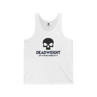 DailyThreadCo. white cotton fitness tank top featuring a black skull graphic and Deadweight text on the chest.