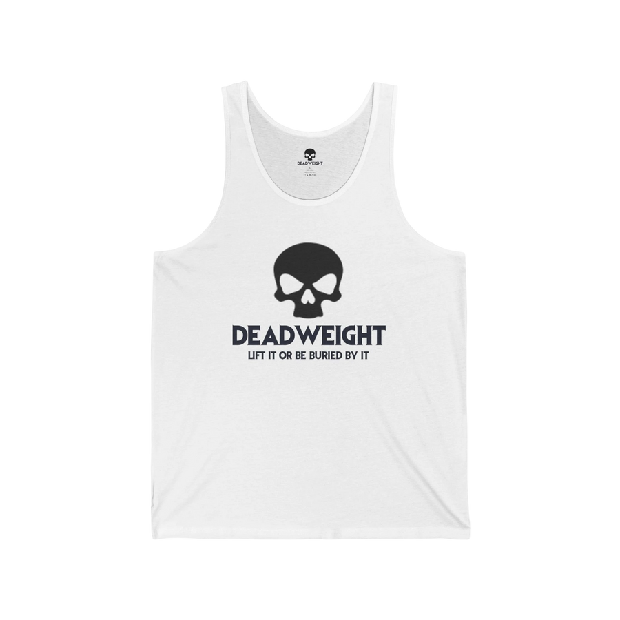 DailyThreadCo. white cotton fitness tank top featuring a black skull graphic and Deadweight text on the chest.