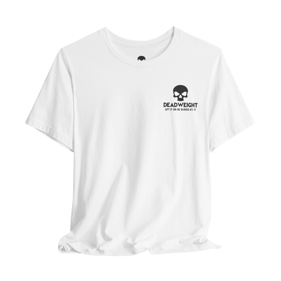 DailyThreadCo. white cotton crew neck t-shirt featuring a small black skull graphic and Deadweight text on the chest.