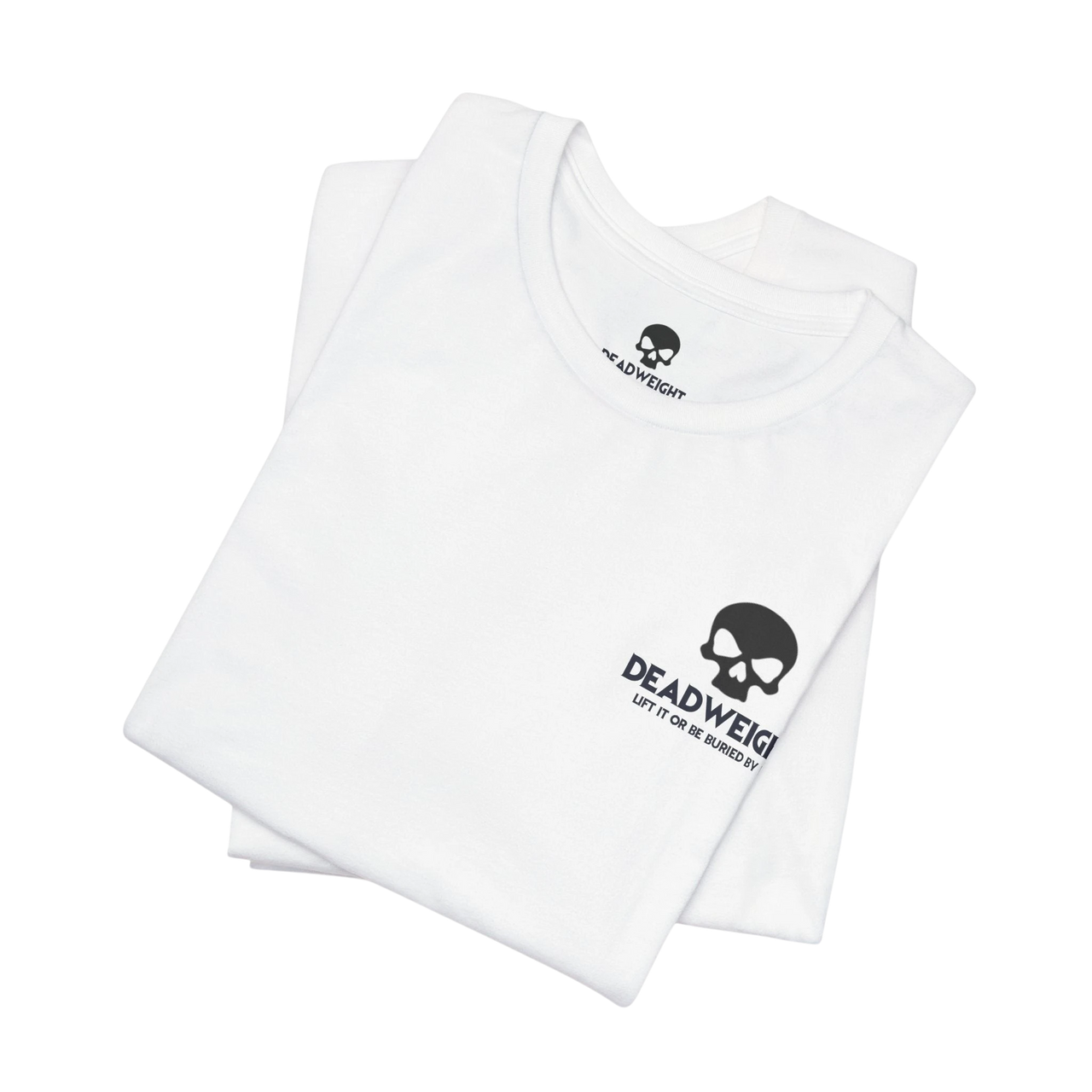 DailyThreadCo. white cotton crew-neck t-shirt featuring a small black skull graphic and Deadweight logo on the chest.