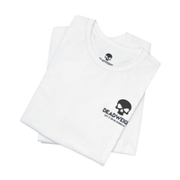 DailyThreadCo. white cotton crew-neck t-shirt featuring a small black skull graphic and Deadweight logo on the chest.