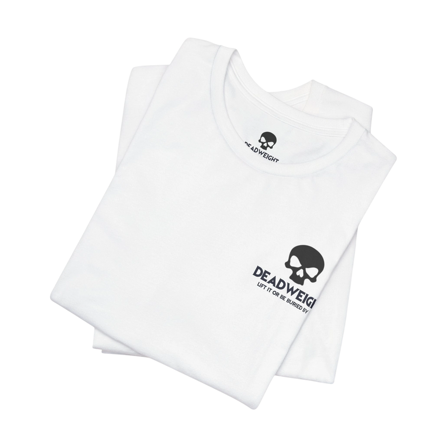DailyThreadCo. white cotton crew-neck t-shirt featuring a small black skull graphic and Deadweight logo on the chest.
