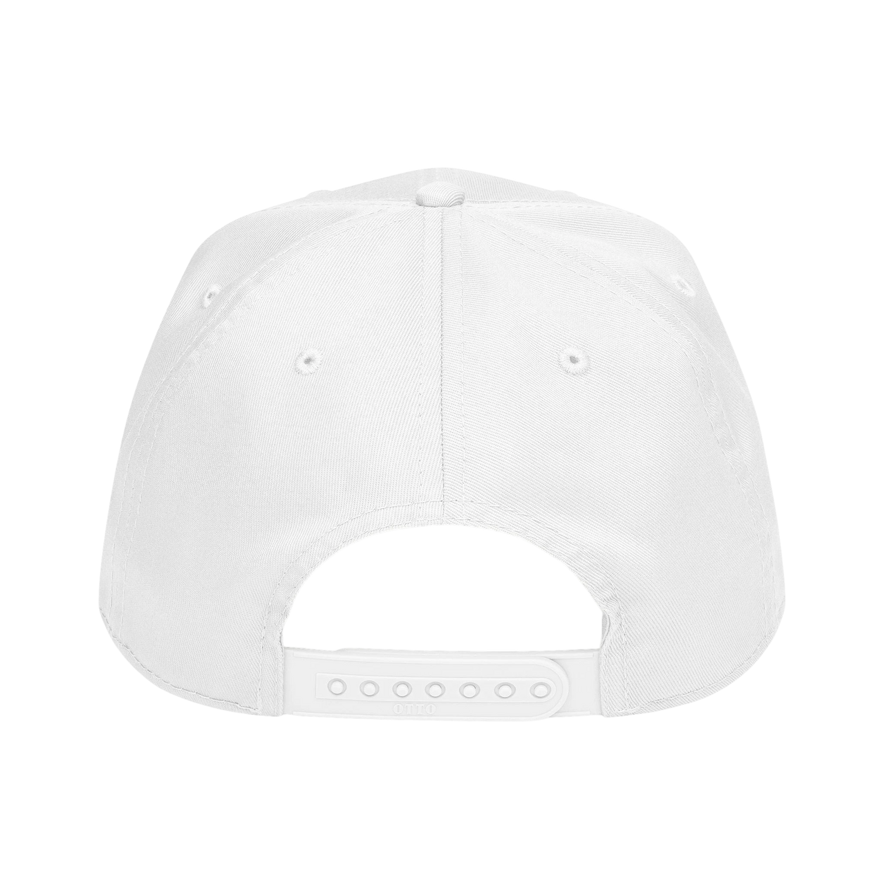 DailyThreadCo. white baseball cap showing the back view with a durable plastic snapback closure and matching fabric.