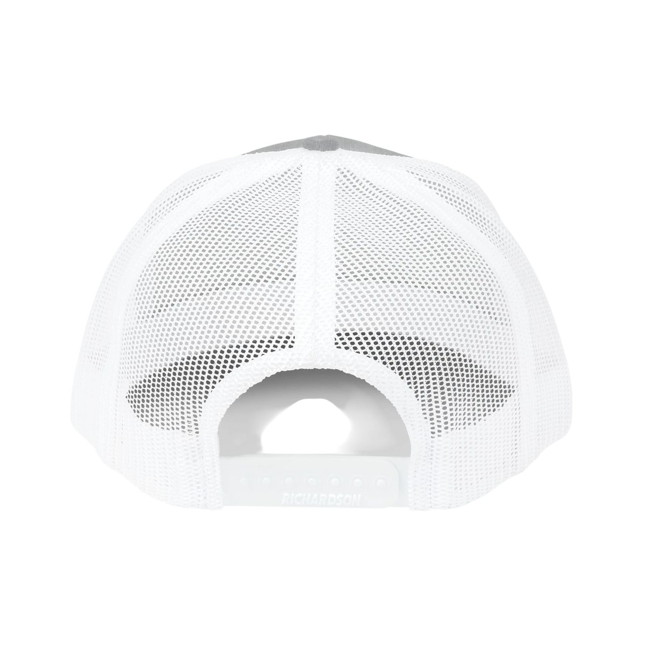 DailyThreadCo. white trucker cap back view showing breathable mesh panels and adjustable plastic snap closure.