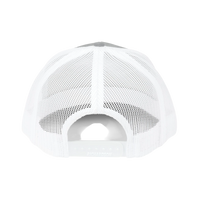 DailyThreadCo. white trucker cap back view showing breathable mesh panels and adjustable plastic snap closure.