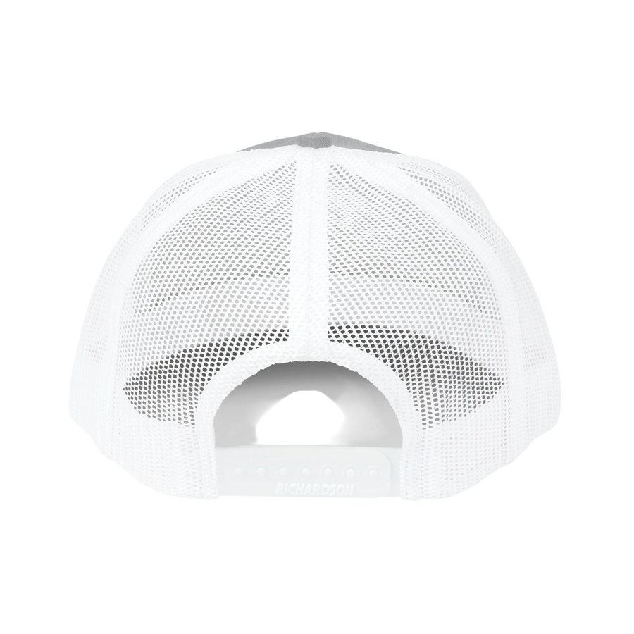 DailyThreadCo. white trucker cap back view showing breathable mesh panels and adjustable plastic snap closure.