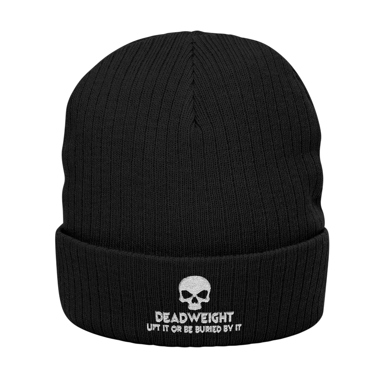 deadweightgymapparel black ribbed knit beanie with a white embroidered skull and Dead Weight text on the cuffed front.