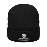 deadweightgymapparel black ribbed knit beanie with a white embroidered skull and Dead Weight text on the cuffed front.