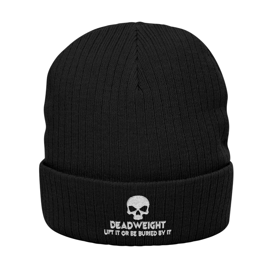 deadweightgymapparel black ribbed knit beanie with a white embroidered skull and Dead Weight text on the cuffed front.