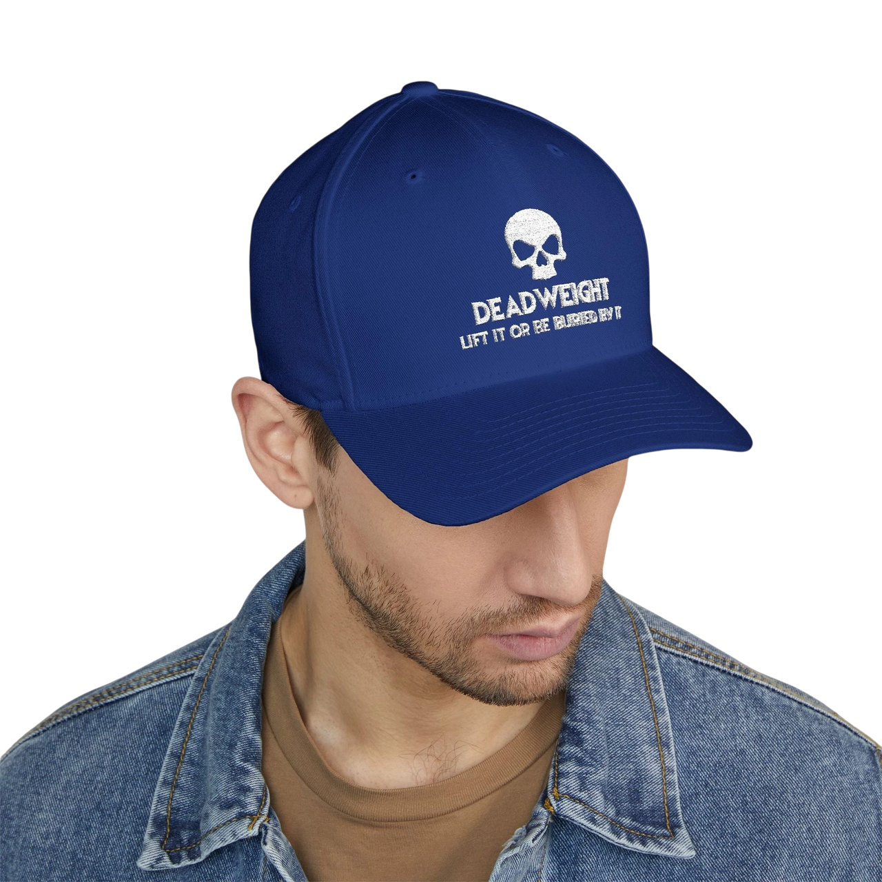 deadweightgymapparel. blue flexfit cap featuring a white embroidered distressed skull and Deadweight text on the front.